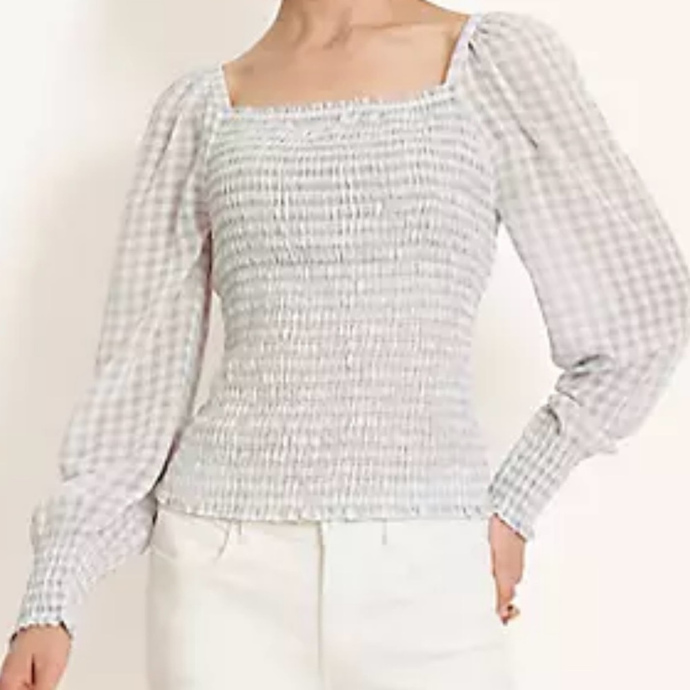 Ann Taylor Gingham Smocked Square Neck Top Size Small